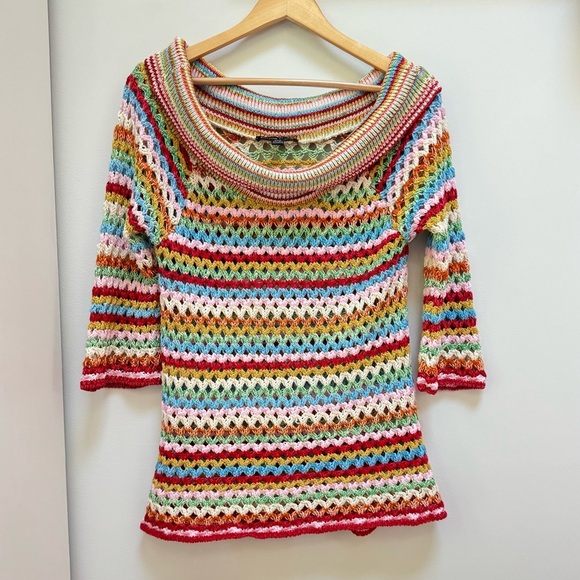 Boston Proper Crochet Sweater Rainbow Stripe Size Medium - Picture 1 of 8